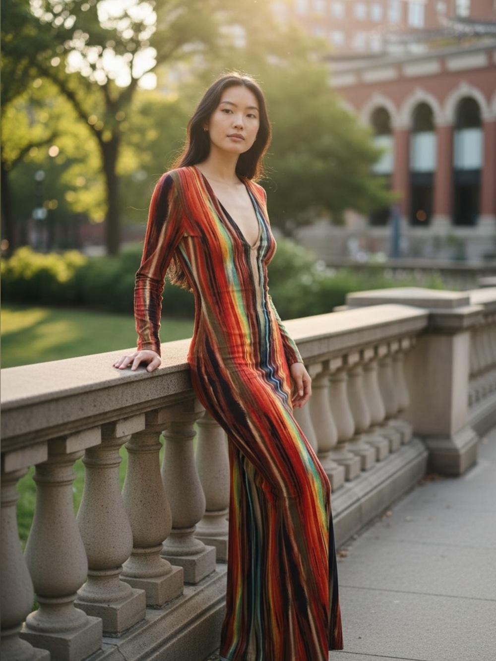 🌈 Fashion Nova Multicolor Abstract Stripe Plunge Maxi Dress NWT